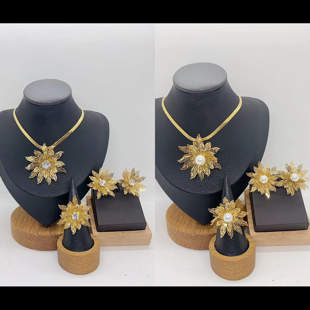 European And American Fashion Trend Ins Style Exaggerated 304 Stainless Steel Hollow Multi-Petal Flower Necklace Earrings Ring Set