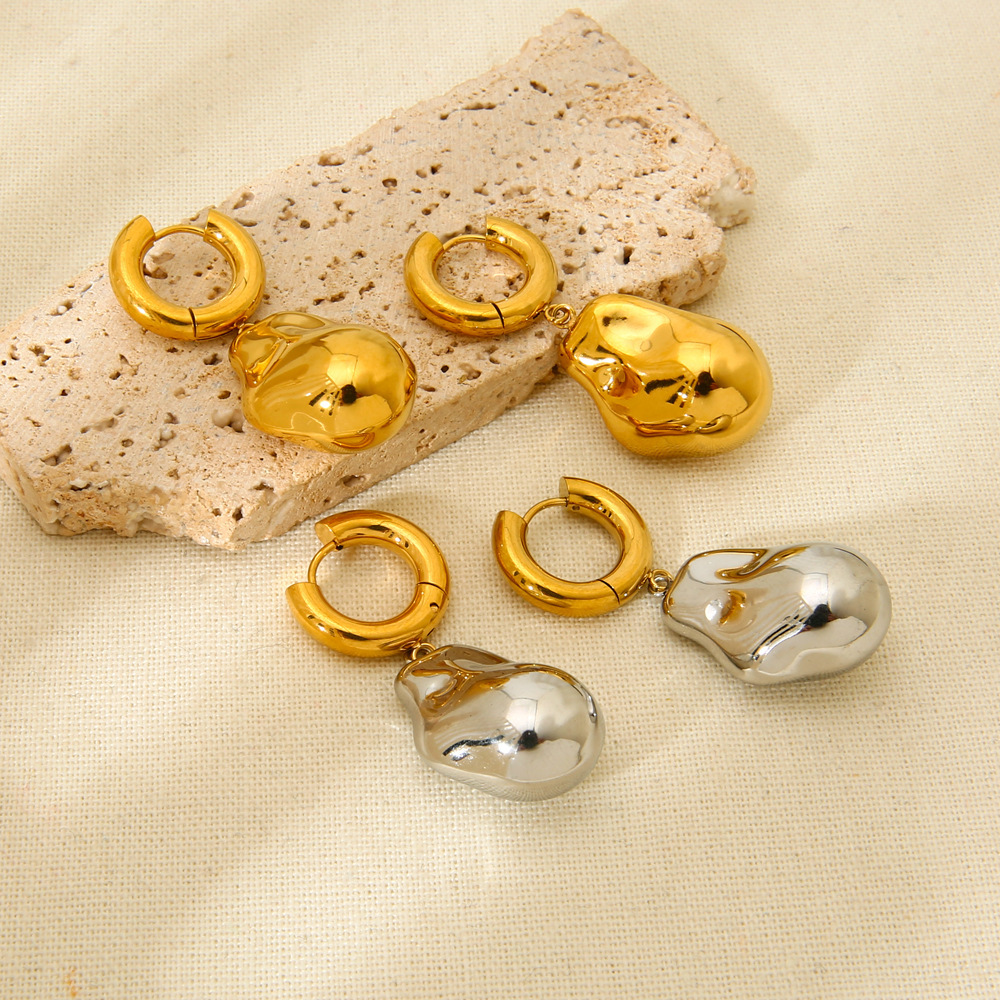 Irregular Baroque Imitation Golden Bean Pendant Earrings Stainless Steel 18K Gold Plated Women's Fashion Jewelry Accessories