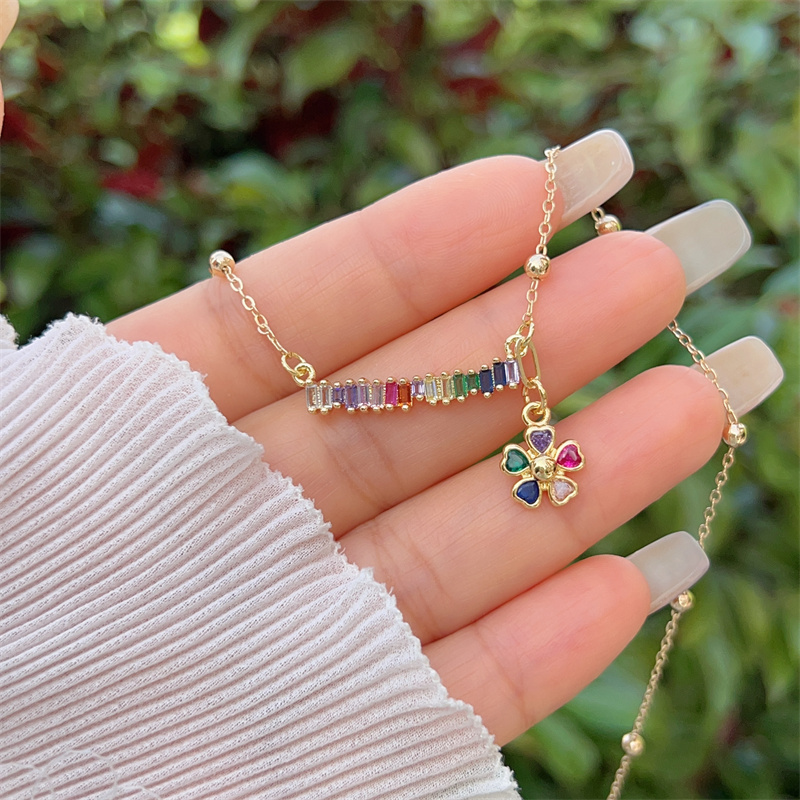 18K Gold Plated Handmade Double Pendant Flower Zircon Necklace Classic Simple Style Daily Wear Gift Copper Pendant Lobster Clasp