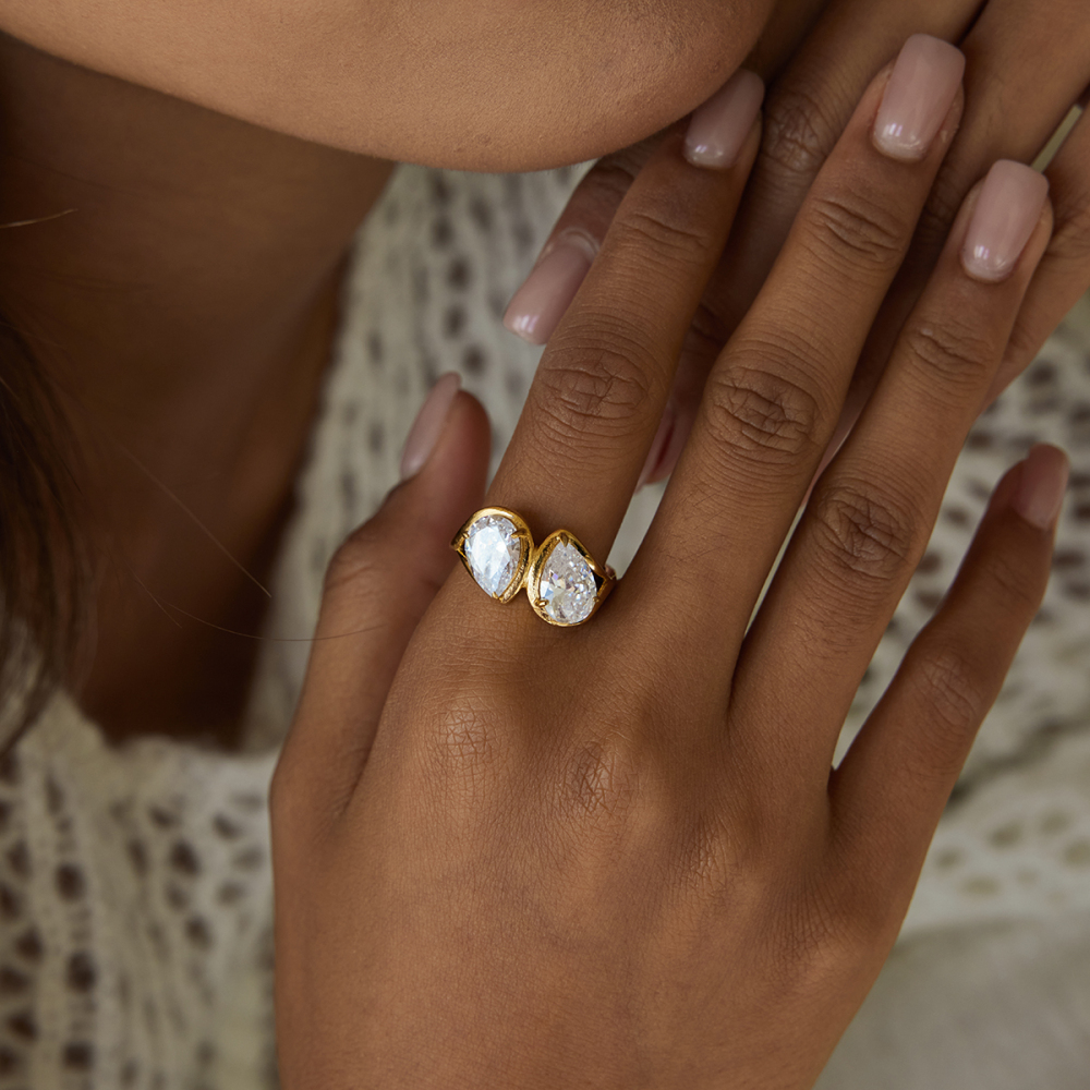 Women's Classic Style 18K Gold Stainless Steel + Zircon White Water Drop Zircon Ring Size 7