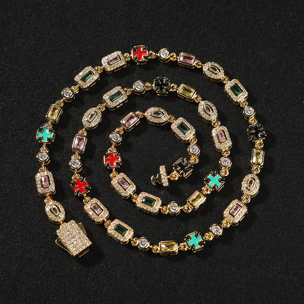 Colorful Gemstone Bracelet Unisex Hip-Hop Style Gold-Plated Copper Geometric Pattern Fashion Jewelry Inlaid Diamond Trendy Necklace Suitable For Men And Women