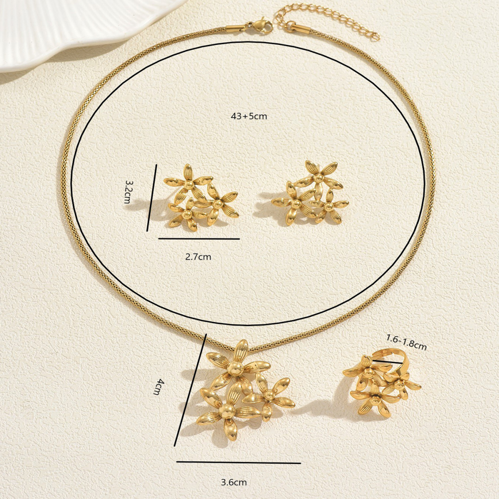 Four-Piece Stainless Steel Multiple Flower Splicing Elegant Necklace Earrings Ring Set For Banquet Bride Wedding Accessories