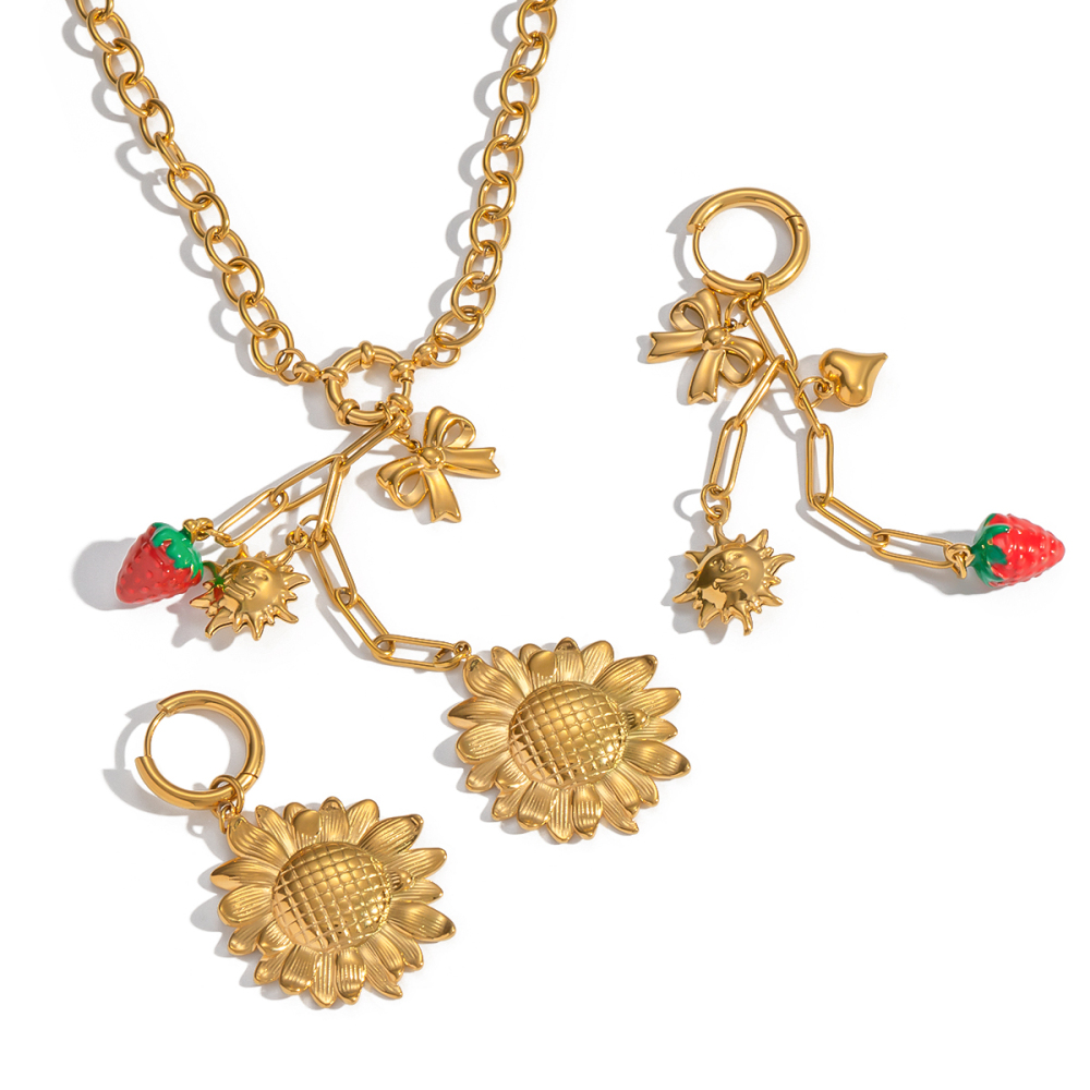 Elegant Gold Plated Sunflower And Strawberry Tassel Earrings And Necklace Set For Girls Romantic And Sweet Jewelry Accessories