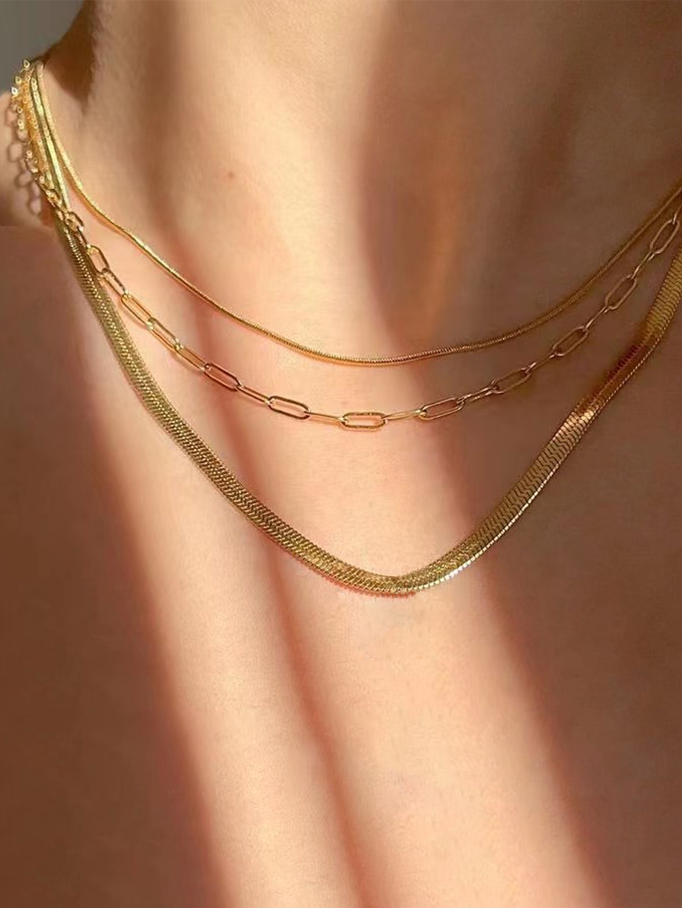 Women's Multi-layer Necklace Gift Set Gold Heart Pendant + Snake Bone Chain + Round Bead Chain French Light Luxury Style Versatile Necklace Niche Design Accessories