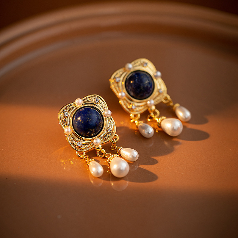 Retro Pearl Earrings For Women 925 Silver Needle Turquoise Geometric Pattern Vintage Court Style Fashion Jewelry Accessories