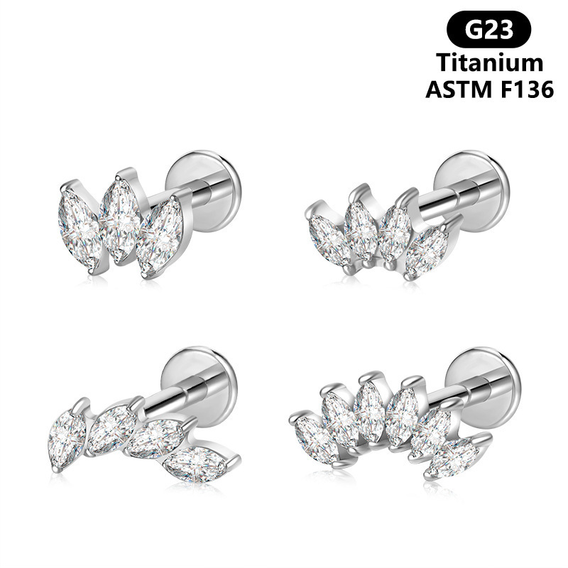 Geometric Pattern Titanium Alloy G23 Ear Studs Bone Studs Inlaid With Horse Eye Zirconia Inner Teeth Lip Studs Popular In Fashion Jewelry