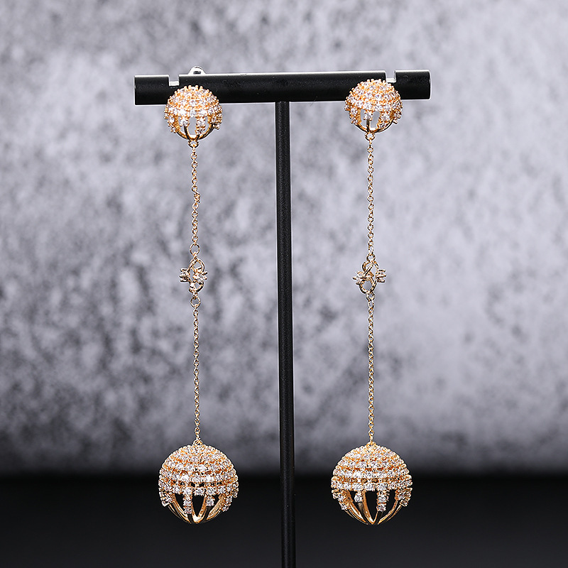 Fashionable Long Diamond Embedded Round Ball Chain Earrings Women's Simple Elegant Trendy New Style Hoop Earrings