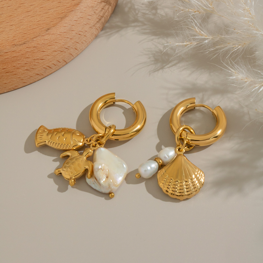 Elegant Fashion Jewelry Turtle Fish Shell Pearl AB Style Stainless Steel Non-fading Beach Accessories Earrings For Women