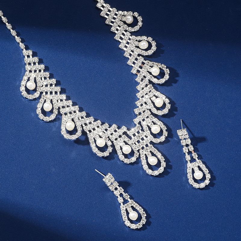 Pearl Rhinestone Necklace Earrings Set Wedding Party Dress Zinc Alloy Jewelry Accessories For Women