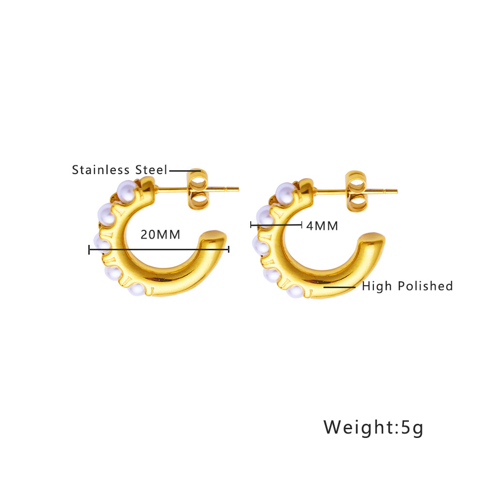 Elegant 18K Gold Plated Titanium Steel C-Shaped Pearl Earrings Vintage French Style Women's Jewelry Accessories U-Shaped Geometric