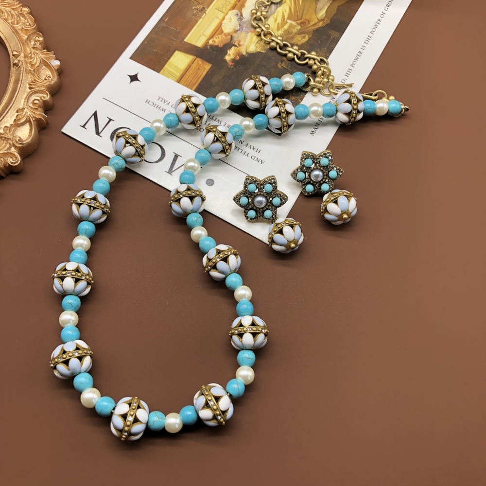 Elegant Green Turquoise Pearl Beaded Necklace And Earring Set Copper Material Women's Fashion Accessories Handmade Romantic