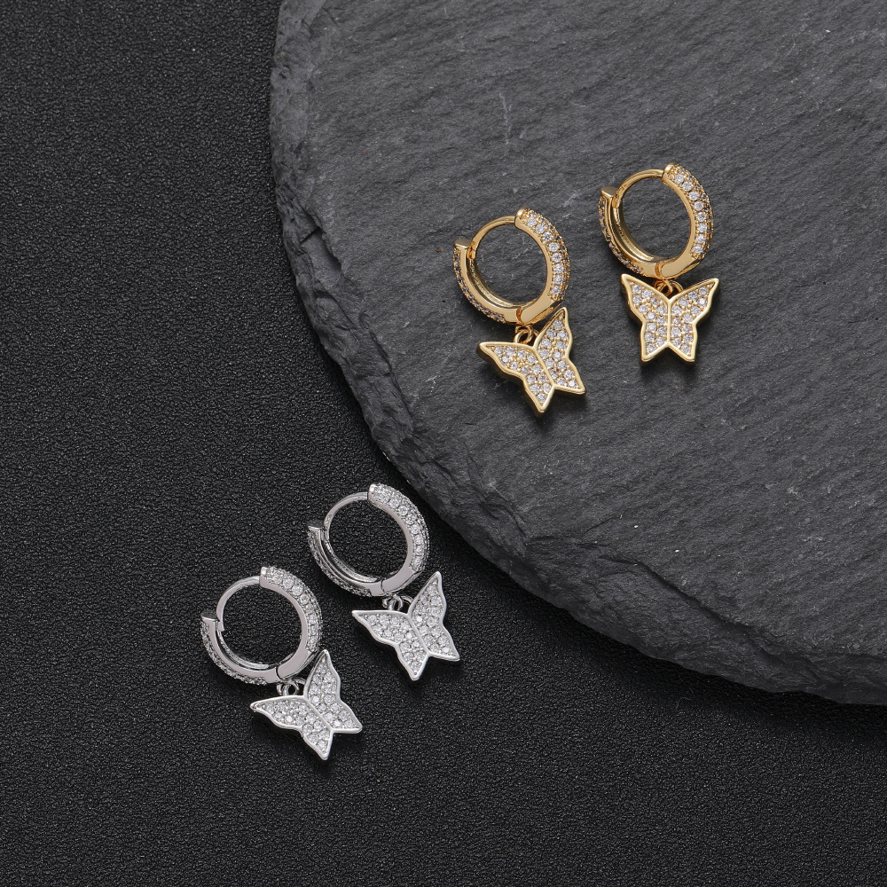 Small Butterfly Stud Earrings Full Of Zircon Copper Inlay  Hip Hop Style Women's Fashion Jewelry Accessories