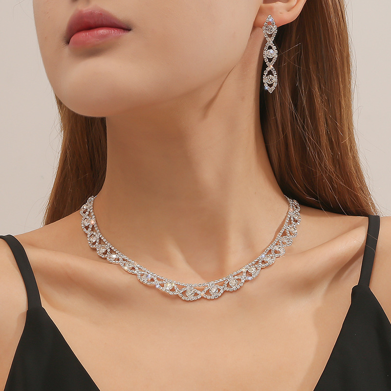 Simple Full Diamond Claw Chain Necklace And Earrings Set Bridal Wedding Accessories Multifunctional Titanium Steel Star