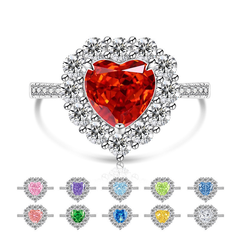 Fashion Heart-shaped Plated Platinum Ring Simple Luxurious Ice Crystal Cut Colored Gemstone High Carbon Diamond Ring Live Streaming Dropshipping
