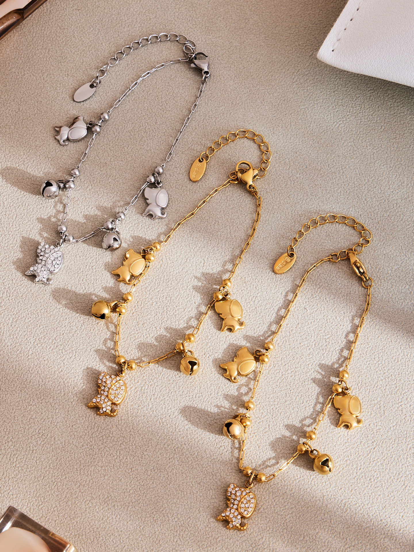 Stainless Steel 18K Gold Plated Zircon Dog Bell Shaped Bracelet Necklace Set Multi Accessories Jewelry For Women Simple Style
