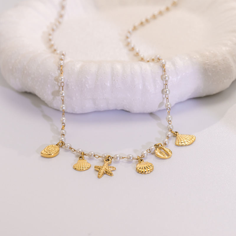 Ocean Element Vacation Style Titanium Steel Starfish Shell Pendant Pearl Necklace Women's Luxury Lightweight Jewelry