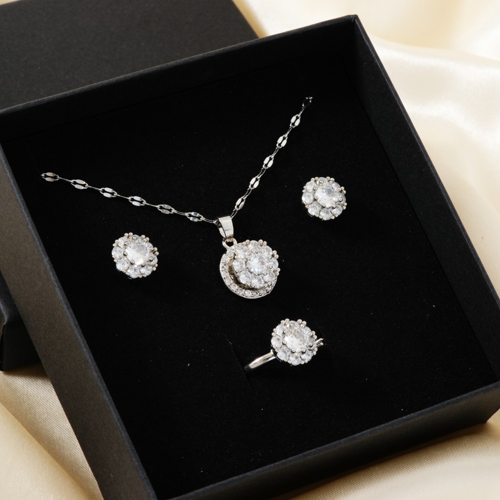 Copper Rhodium Plated Inlay Geometric Zircon Jewelry Set