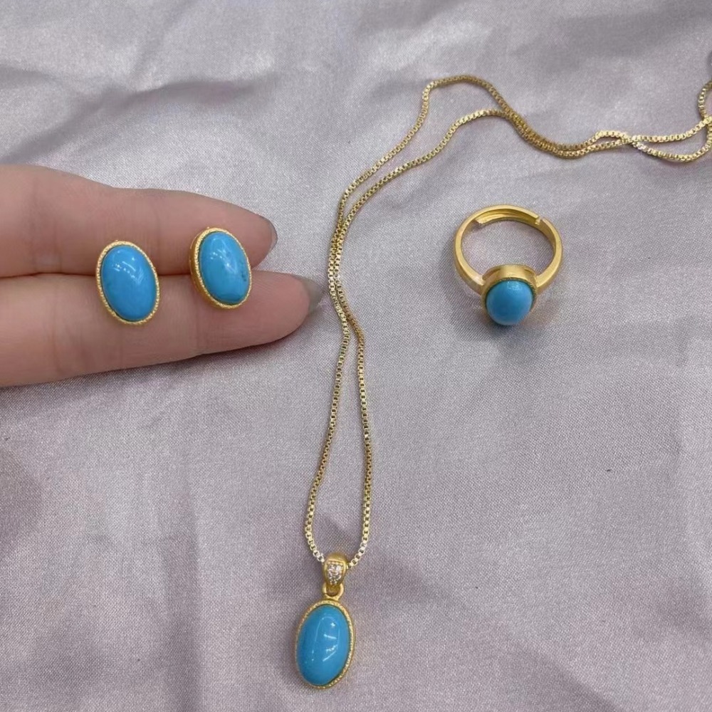 Fashion Tibetan Jewelry Set Vintage Turquoise Three-Piece Set Exquisite Design Ethnic Accessories Inlaid Diamond Earrings Necklace Bracelet Suitable For Women