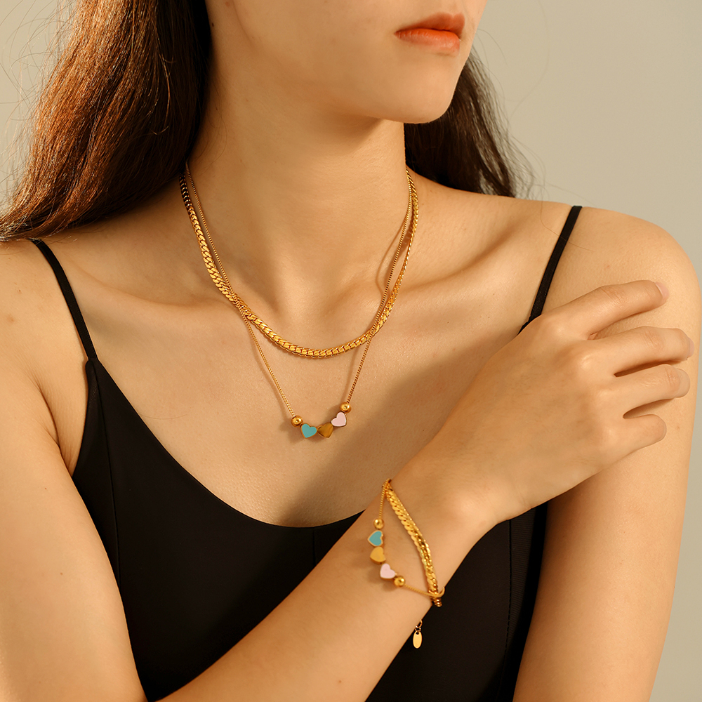 304 Stainless Steel Heart Shape PVD Coated Real Gold Plated Retro Vacation Waterproof Non Tarnish Enamel Bracelets Necklace