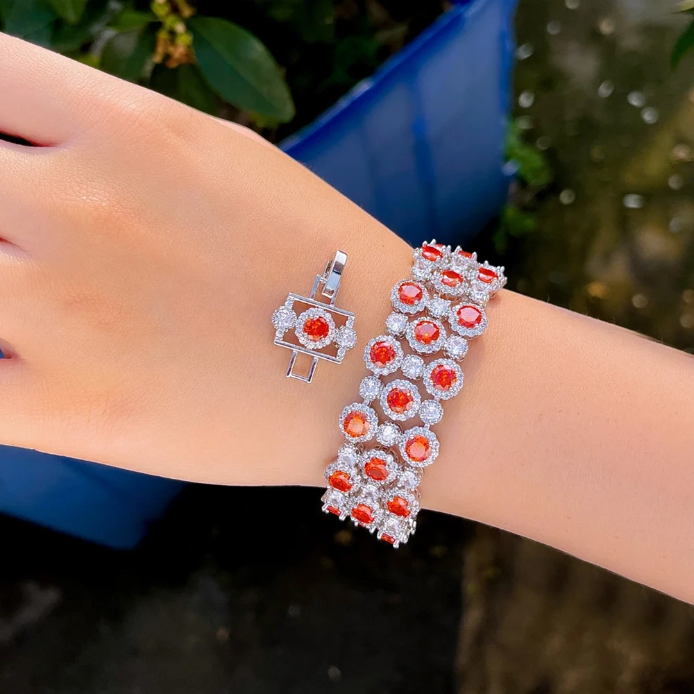 1 Copper Bracelet Luxurious Shiny Red Round Cubic Zirconia Wide Bangle For Women Exquisite Mother's Day Jewelry Holiday Gift