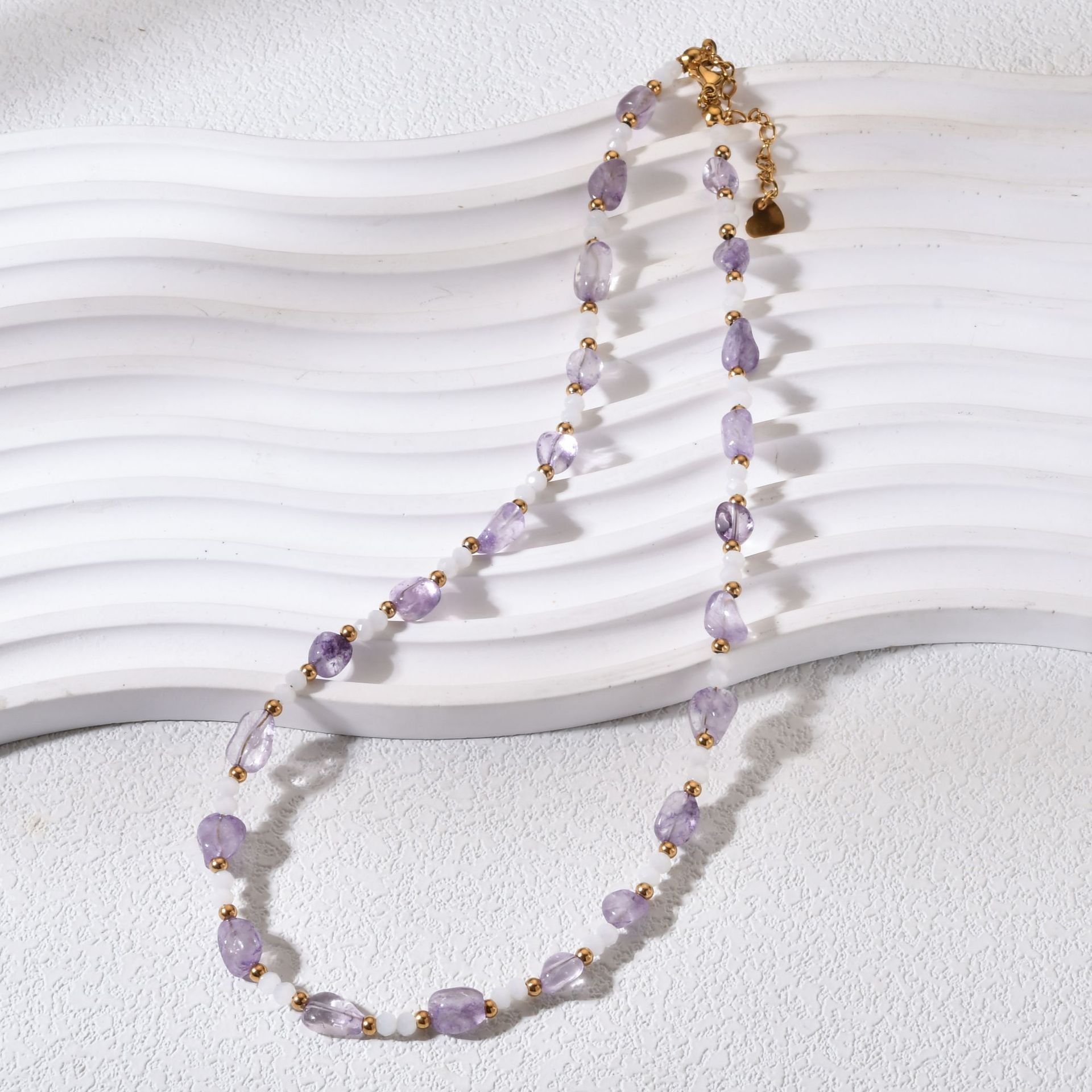 Fashionable Irregular Amethyst Hair Crystal Beaded Necklace Stainless Steel Sea Turquoise Luxury Dainty Clavicle Chain Women
