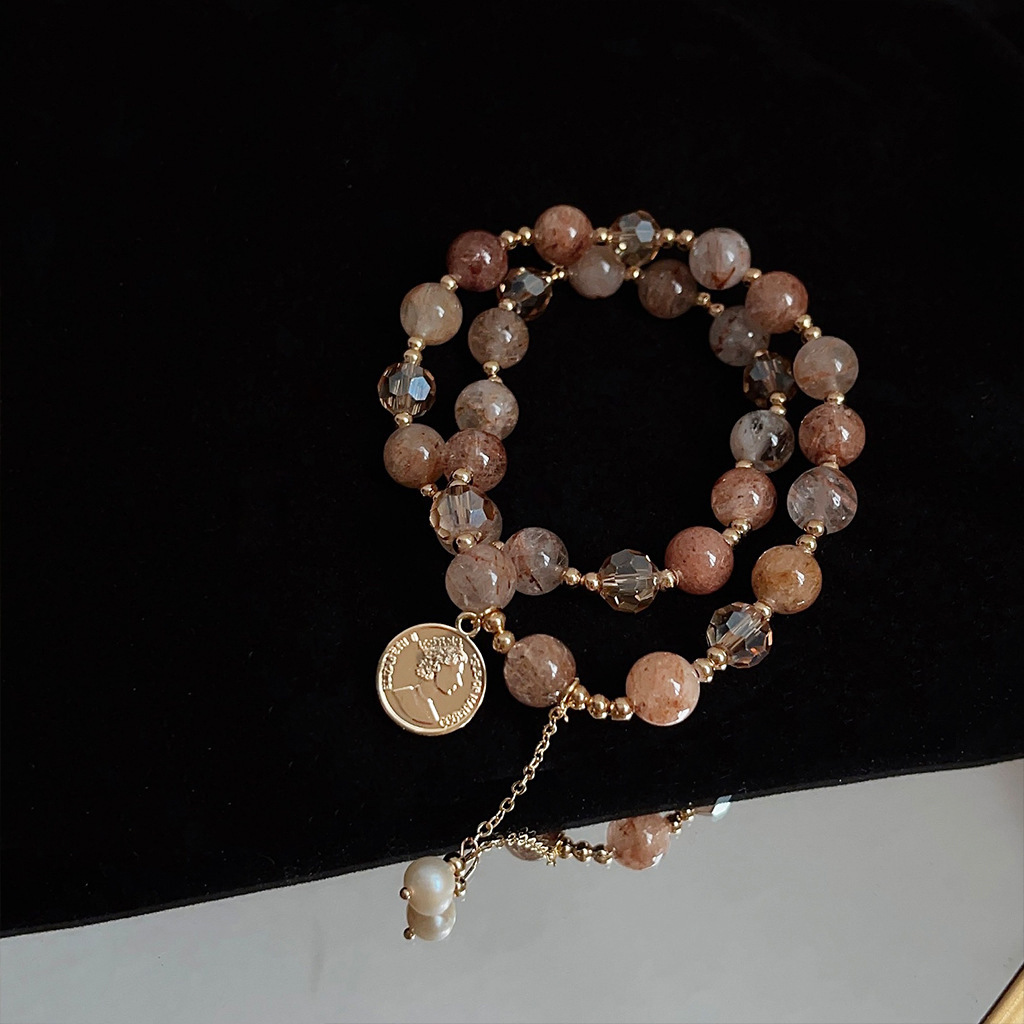 Double Layered Natural Stone Red Hair Crystal Bracelet Luxury Minimalist Fashion Versatile Geometric Pattern Everyday Wear For Women