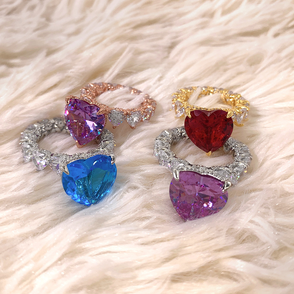 Jewelry Hip Hop Color Zircon Heart-Shaped Ring  18K Gold Plating Platinum Women's Ring  Zhang Yang Atmospheric Trend Female Ring