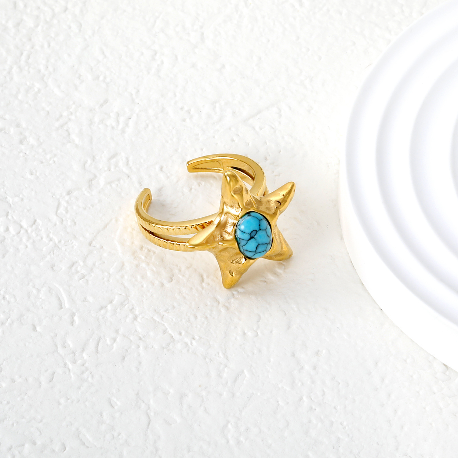 Graceful Vintage Open Ring Turquoise Star Design 304 Stainless Steel Starfish Ring Women's Fashion Jewelry Accessories Ocean Style