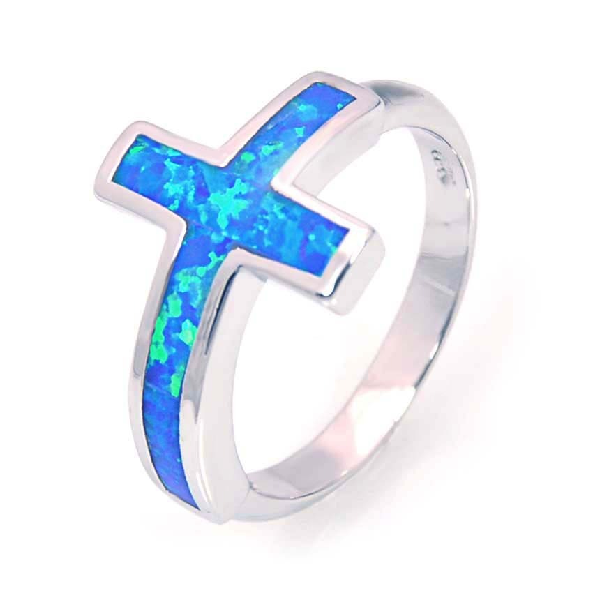 Blue Cross Opal Ring Tiktok Bestseller Ins Style Women's And Unisex Geometric Pattern Copper Jewelry Accessories