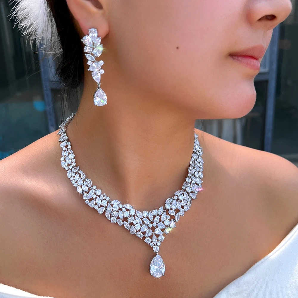 Copper Style White Gold Cubic Zirconia Necklace Earrings Two-Piece Set Shiny Water Drop Shaped Jewelry Set Suitable For Female Bride Party Banquet Wedding Wear