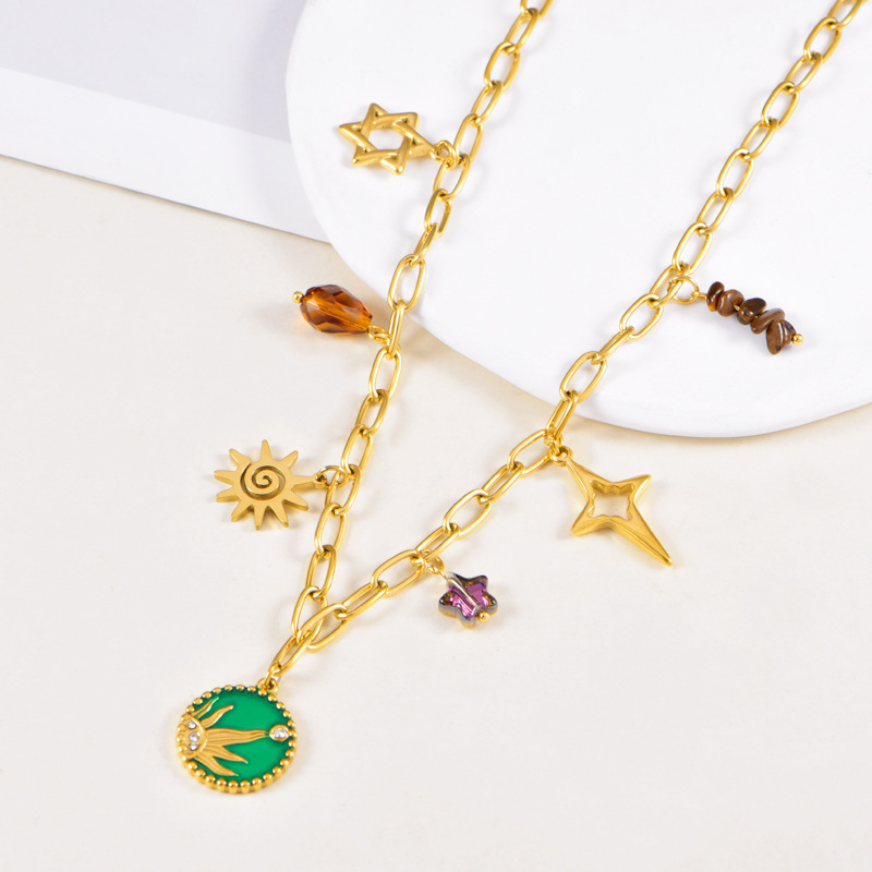 304 Stainless Steel Star PVD Coated 18K Real Gold Plated Vacation Classic Style Waterproof Non Tarnish Plating Paperclip Chain Pendant Necklace
