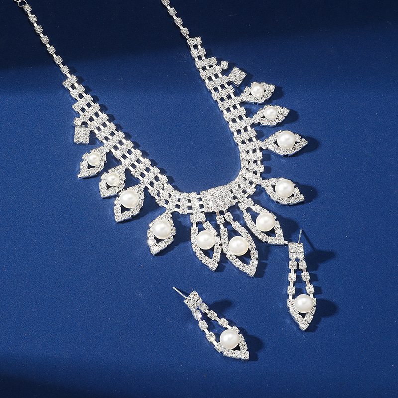 Pearl Rhinestone Necklace Earrings Set Wedding Party Dress Zinc Alloy Jewelry Accessories For Women