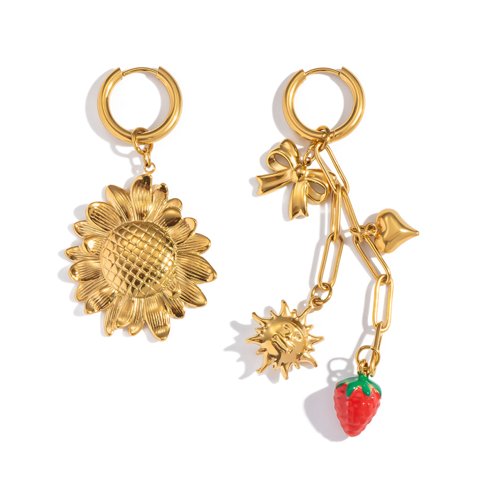 Elegant Gold Plated Sunflower And Strawberry Tassel Earrings And Necklace Set For Girls Romantic And Sweet Jewelry Accessories