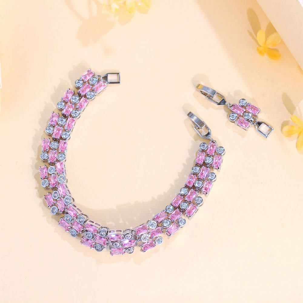 Geometric Shiny Pink Cubic Zirconia Big Wide Bracelets Bangles For Women Wedding Engagement Jewelry Accessories