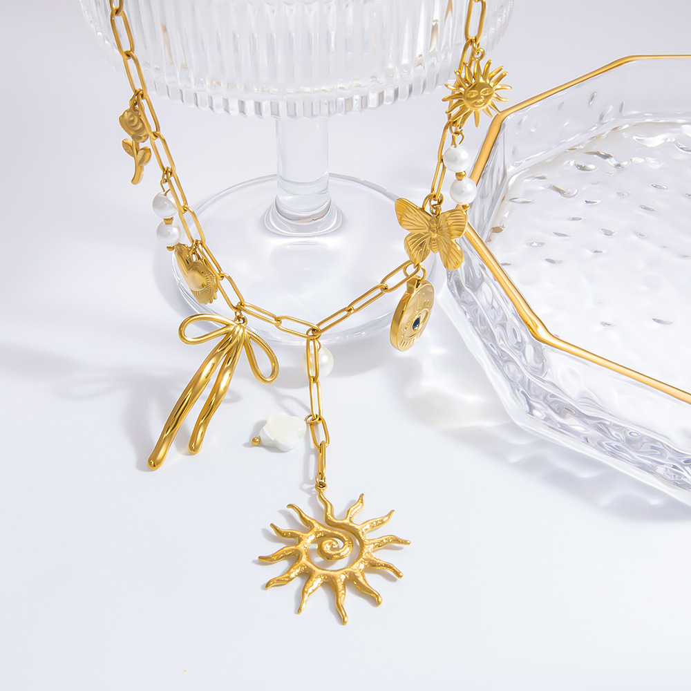 PVD Coated Real Gold Plated Sun Star Bow Knot 304 Stainless Steel Vintage Style Classic Style Waterproof Non Tarnish 304 Stainless Steel Multi Charms Necklace