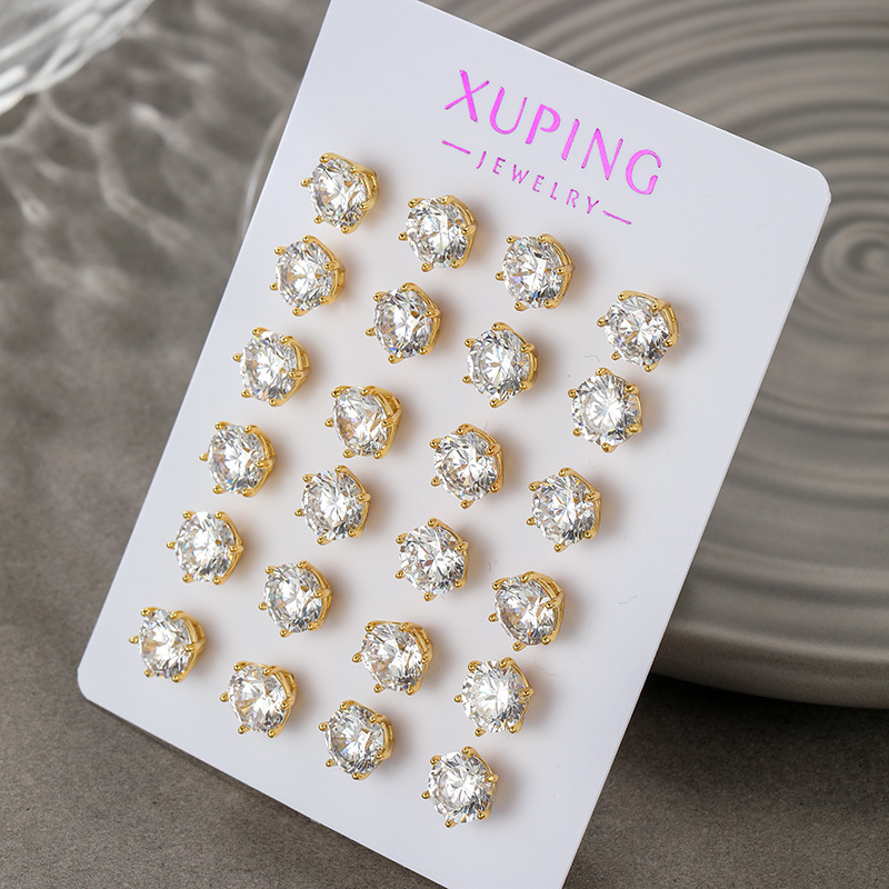 Classy Six-Pronged Single Zircon Earrings Gold Plated 24K Classic Style 12 Pairs Per Card For Women Fashion Jewelry