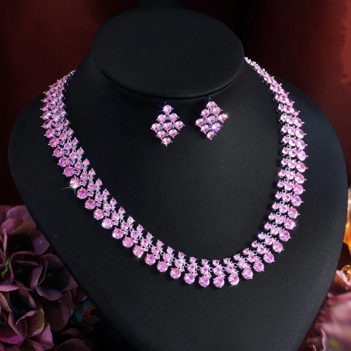 Luxury Shiny Pink Round Cubic Zircon Bridal Wedding Necklace 2pcs Sets For Women Nigerian African Party Jewelry