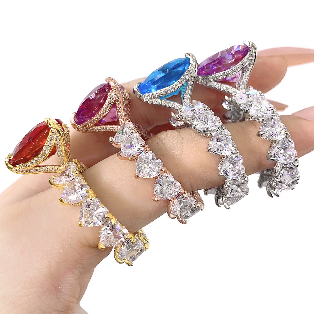 Jewelry Hip Hop Color Zircon Heart-Shaped Ring  18K Gold Plating Platinum Women's Ring  Zhang Yang Atmospheric Trend Female Ring