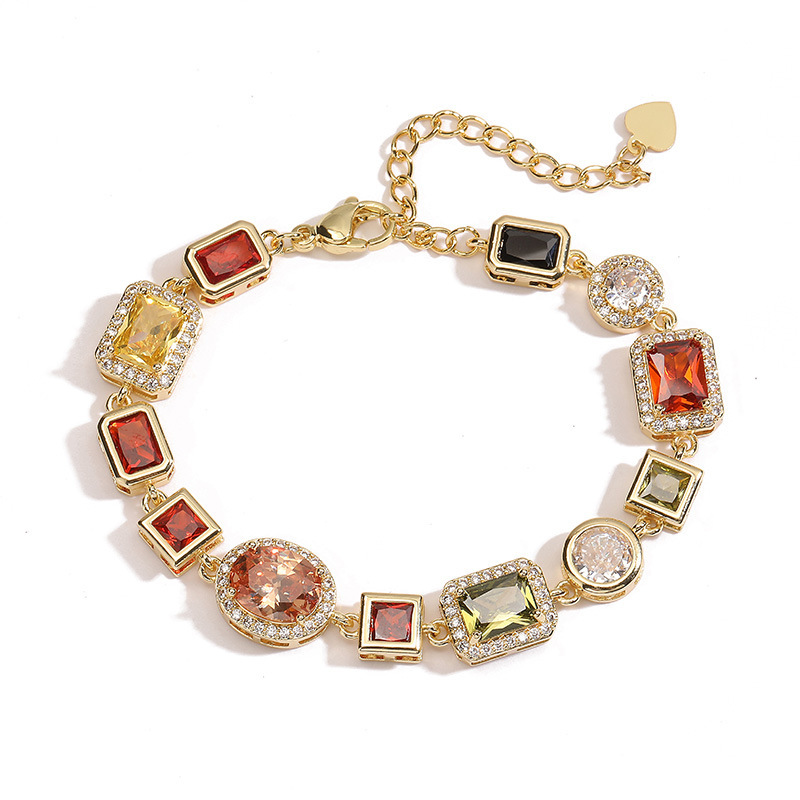 Retro Luxury Geometric Color Diamond Embedding Bracelet Necklace Set Palace Style Fashion Jewelry Accessories For Women