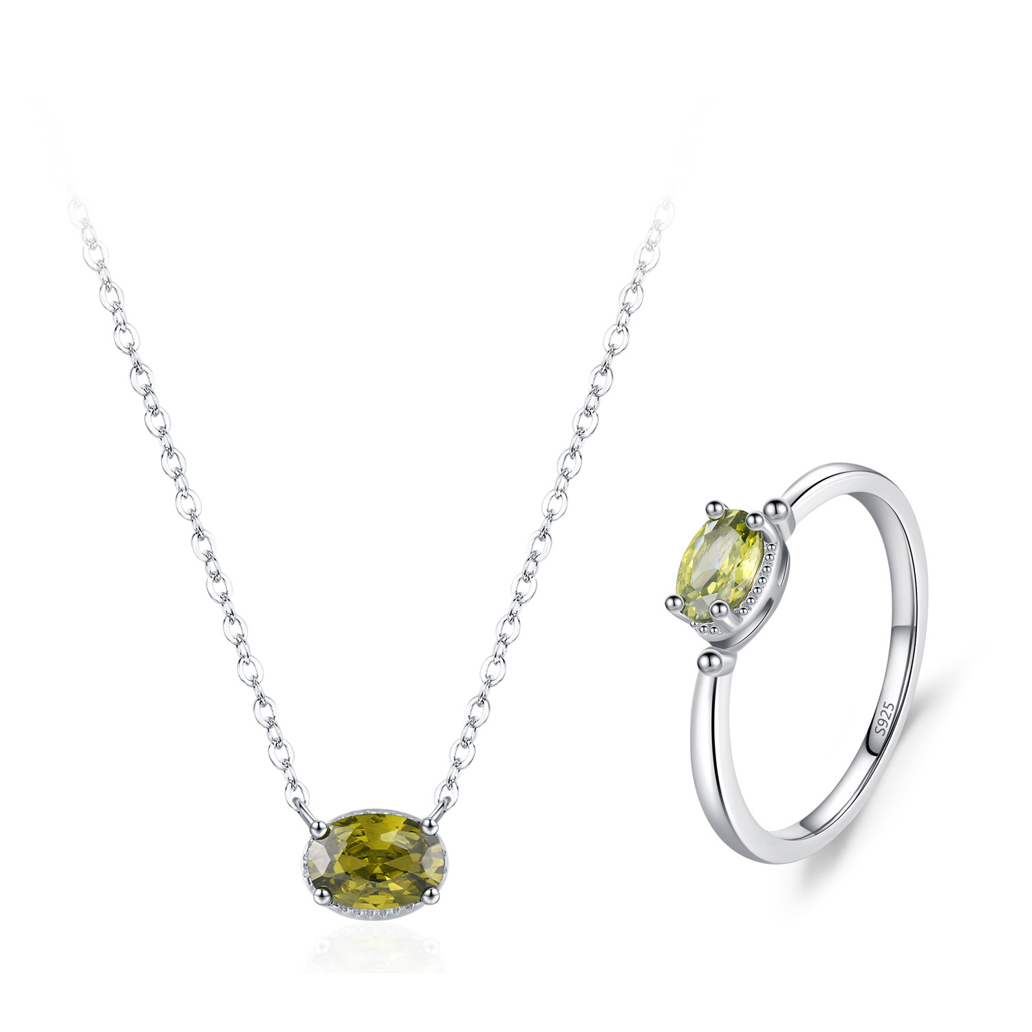 S925 Sterling Silver  Fresh Olive Green Oval Ring Necklace Women's High-Grade  Colored Gems Jewelry Suit