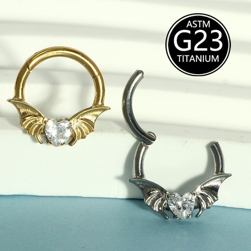 Fashion Bat Nose Ring G23 Titanium Metal Heart-Shaped Zircon Ear Bone Stud Jewelry Nose Clip Exquisite Wedding Birthday Festival Accessories
