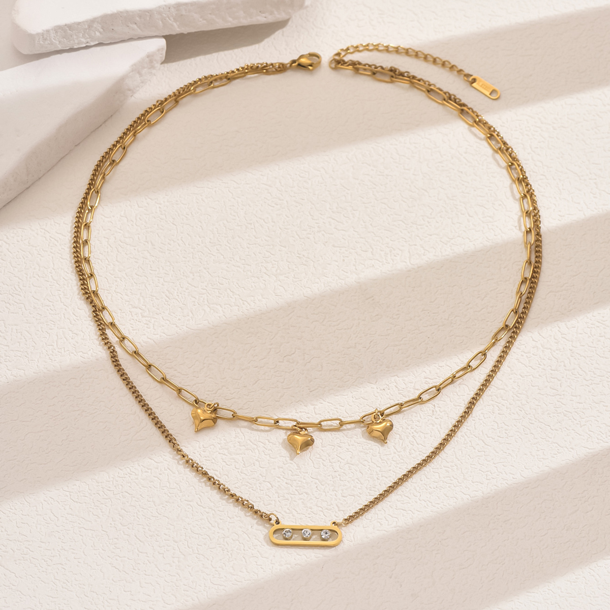 One Stainless Steel Heart Geometric Rhinestone-Encrusted Temperament Twin Double Layer Clavicle Chain Suitable For Ladies Party Wear