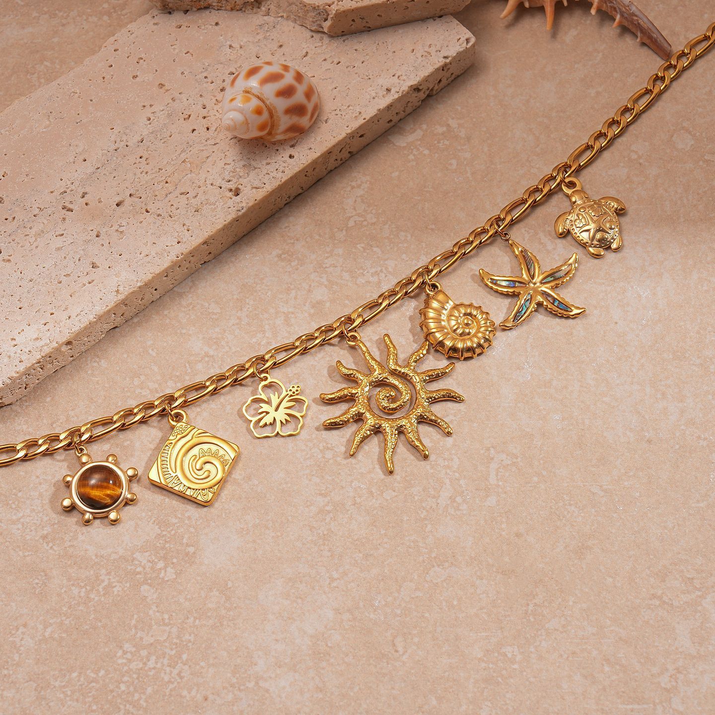 Fashionable Stainless Steel Sun Pendant Necklace Women's Versatile Light Luxury Geometric Pattern Electroplated Jewelry Accessory