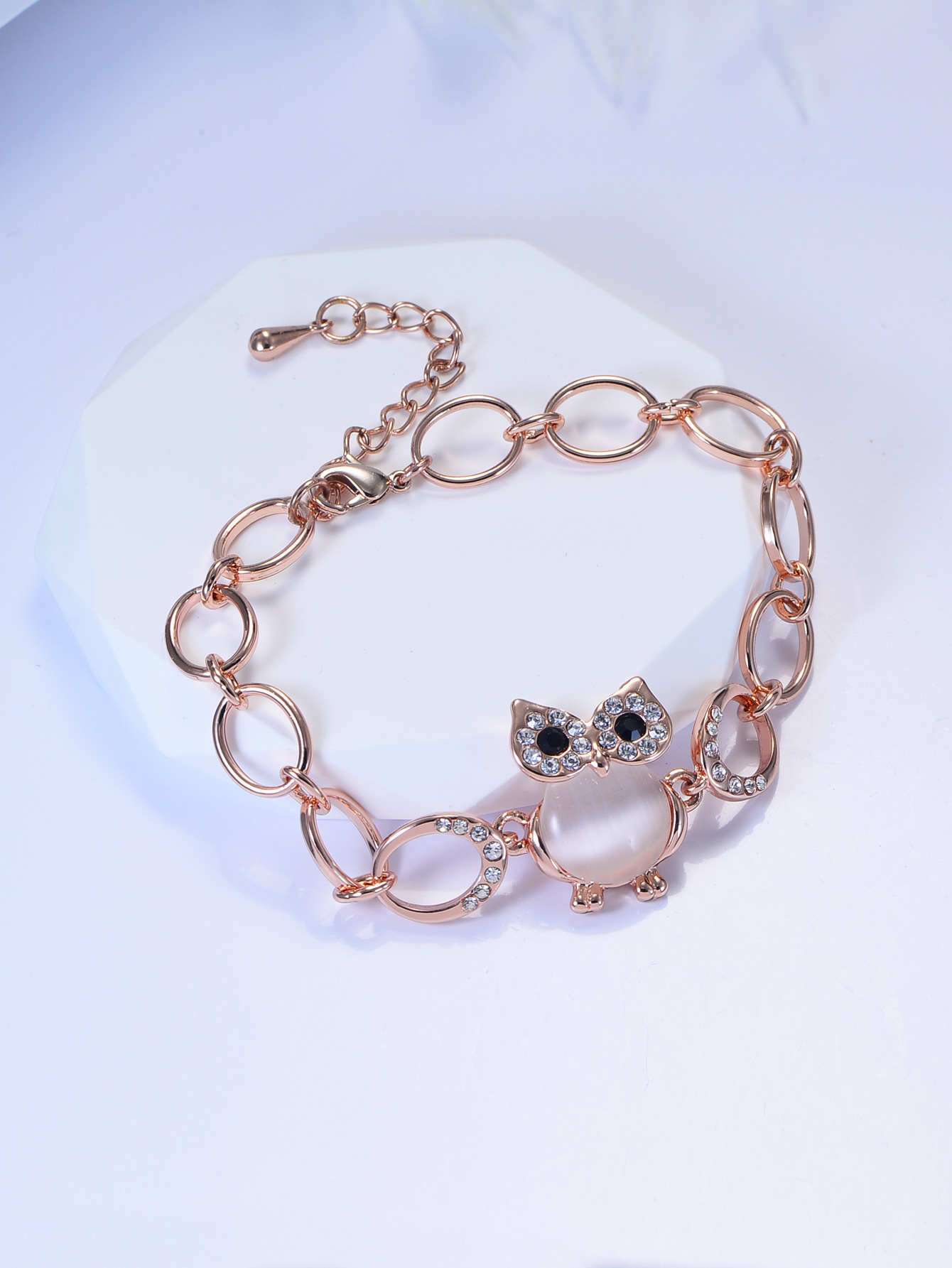 Handmade Rose Gold Cat's Eye Stone Small Animal Cute Moonstone Owl Bracelet Minimalist Style Jewelry For Women Business Occasion