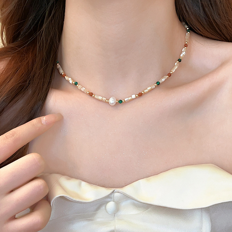 Titanium Steel Natural Stone Shell Freshwater Pearl Necklace Women Elegant Luxury Fashion Pendant Clavicle Chain Geometric Pattern