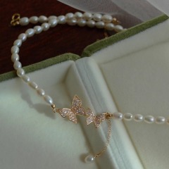 Butterfly Dream-Double Butterfly Natural Freshwater Rice-shaped Pearl 4-5mm Necklace