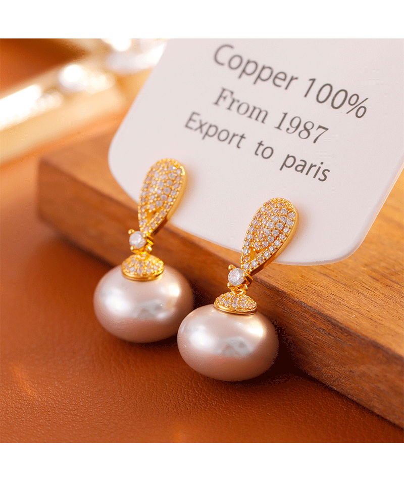 French Luxurious Sparkling Diamond Embedded Pearl Earrings Fashionable High-End Elegant Trendy Jewelry Accessories For Women