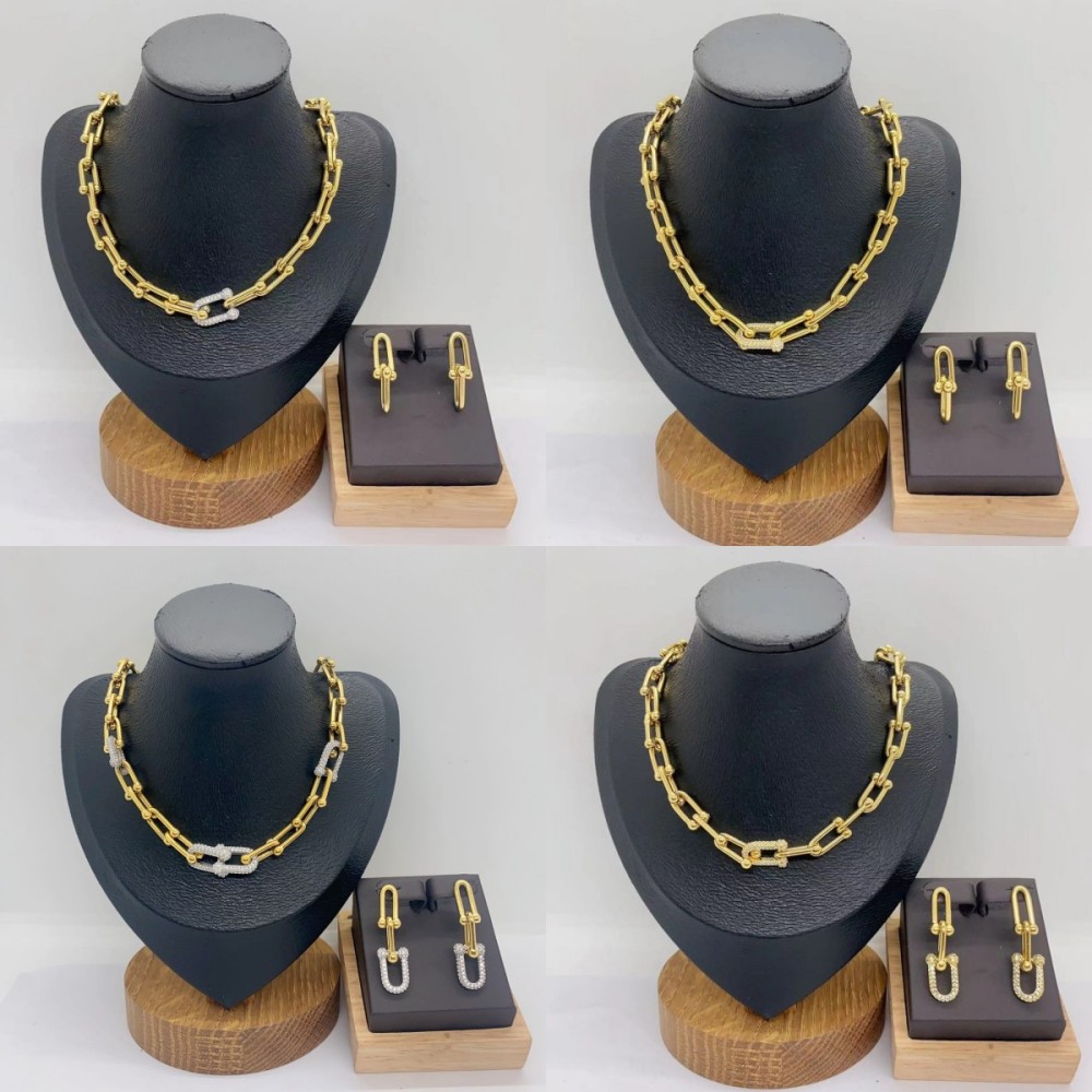 Classic Style Electroplated Micro-Paved Zircon U-Shaped Hoop Earrings Necklace Set For Women Casual Modern Jewelry Accessories