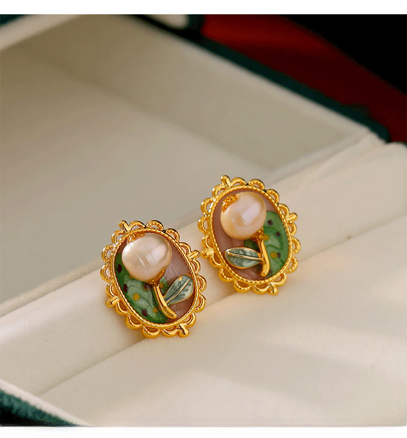 New Natural Pearl Earrings For Women Vintage Baroque Monet Garden Summer Jewelry Accessories Tulips And Roses