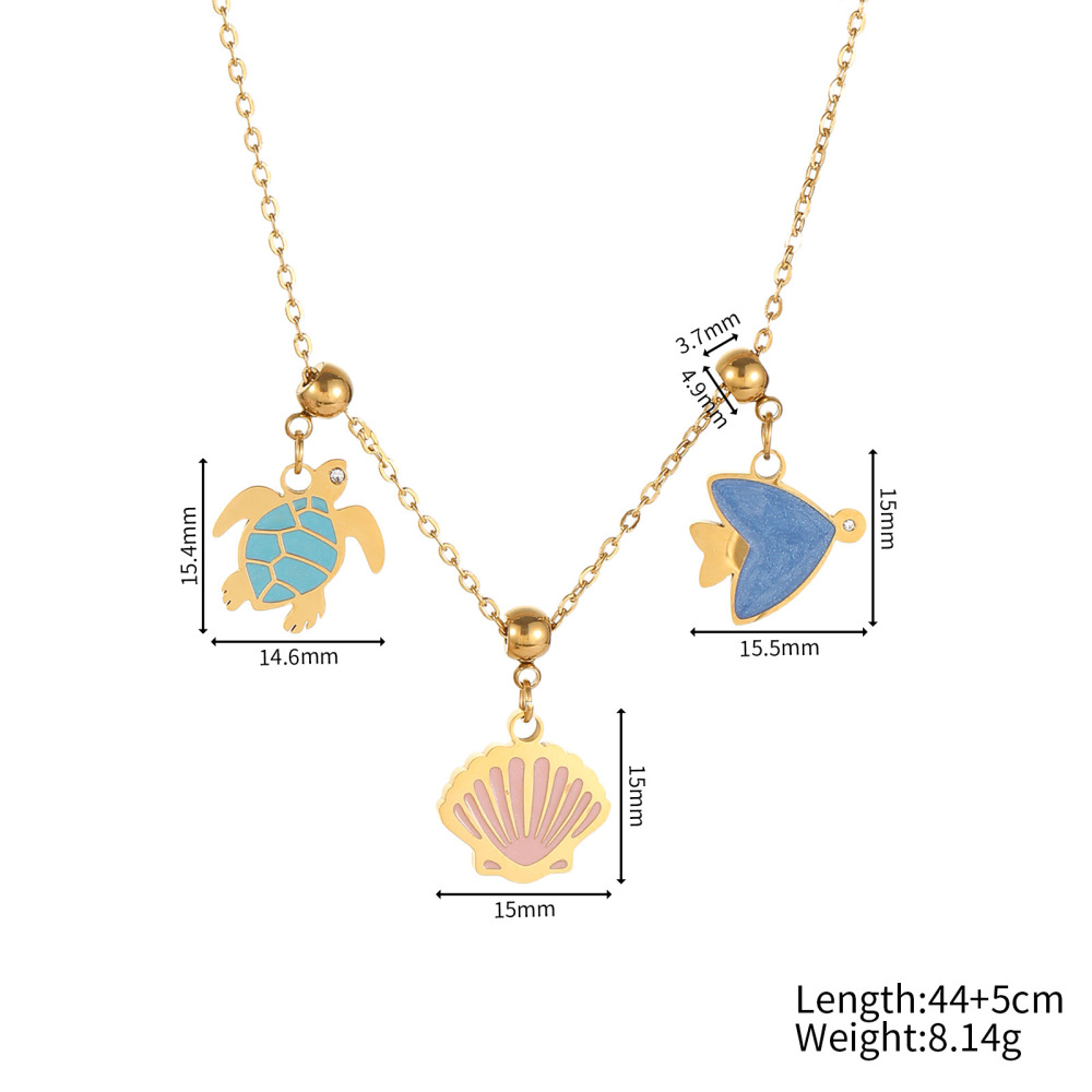 Two-Layer Oregon Drip Oil Cartoon Penguin Pearl Necklace Shell Sea Turtle Fish Ocean Animal Jewelry Accessories Stainless Steel